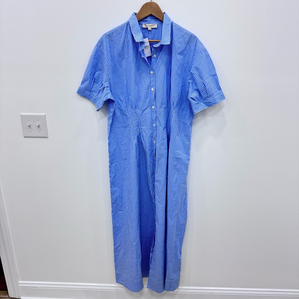 LOFT Striped Poplin Pleated Bodice Shirt Dress Blue White Stripe NWT Plus Sz 18 - Picture 3 of 9